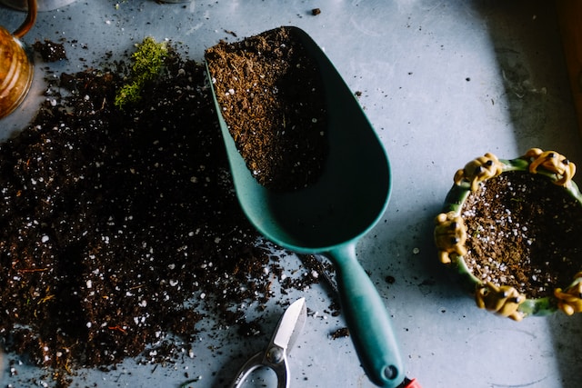 potting soil and a shovel